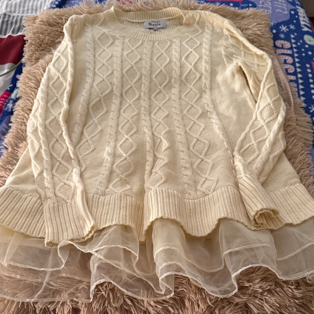 Hippie Rose Cream Sweater with Tulle Hem